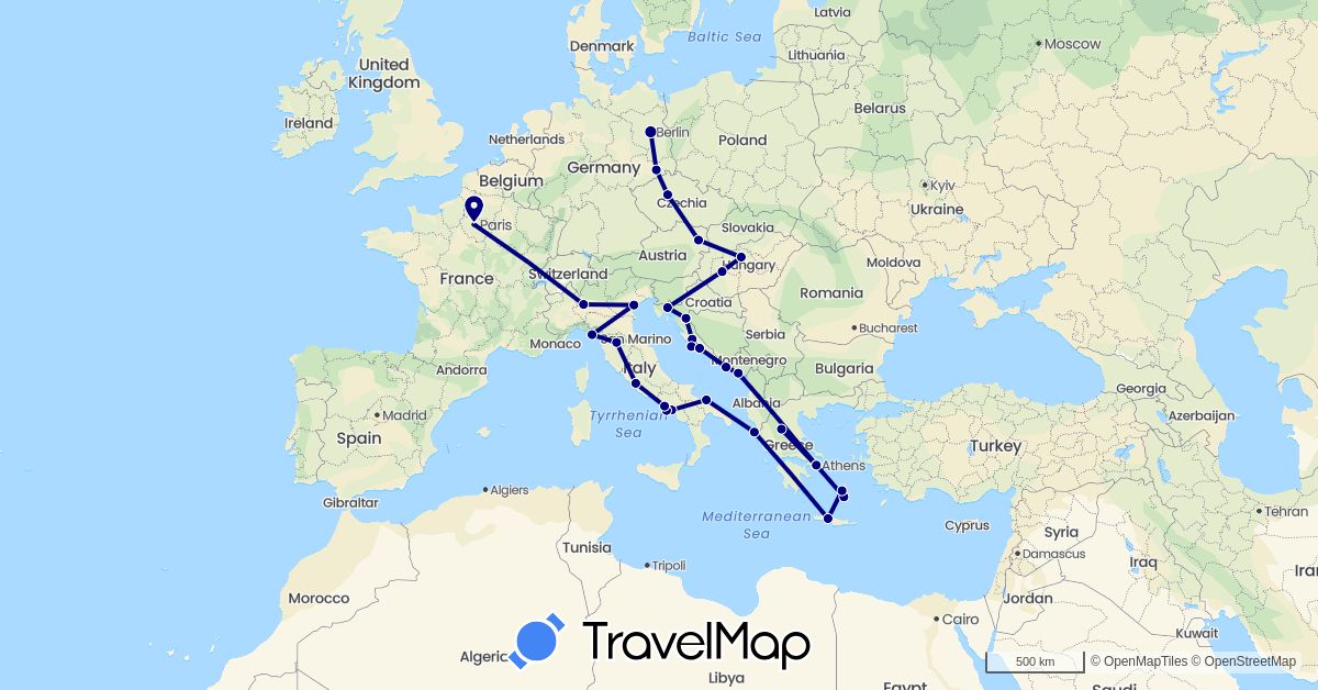 TravelMap itinerary: driving in Austria, Czech Republic, Germany, France, Greece, Croatia, Hungary, Italy, Macedonia, Vatican City (Europe)